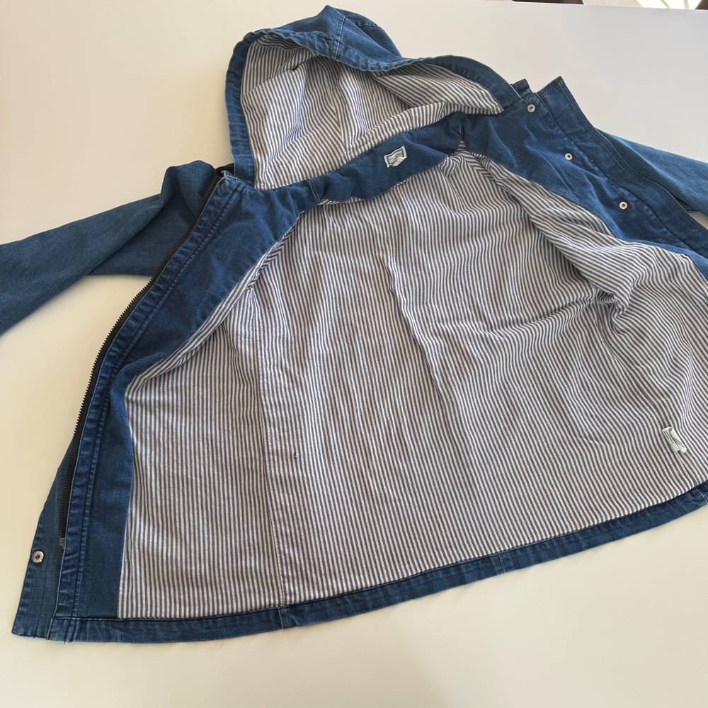 mo:vint-Denim Chore Jacket-Fisherman Core-Pockets-Hood-Size S - Picture 3 of 12